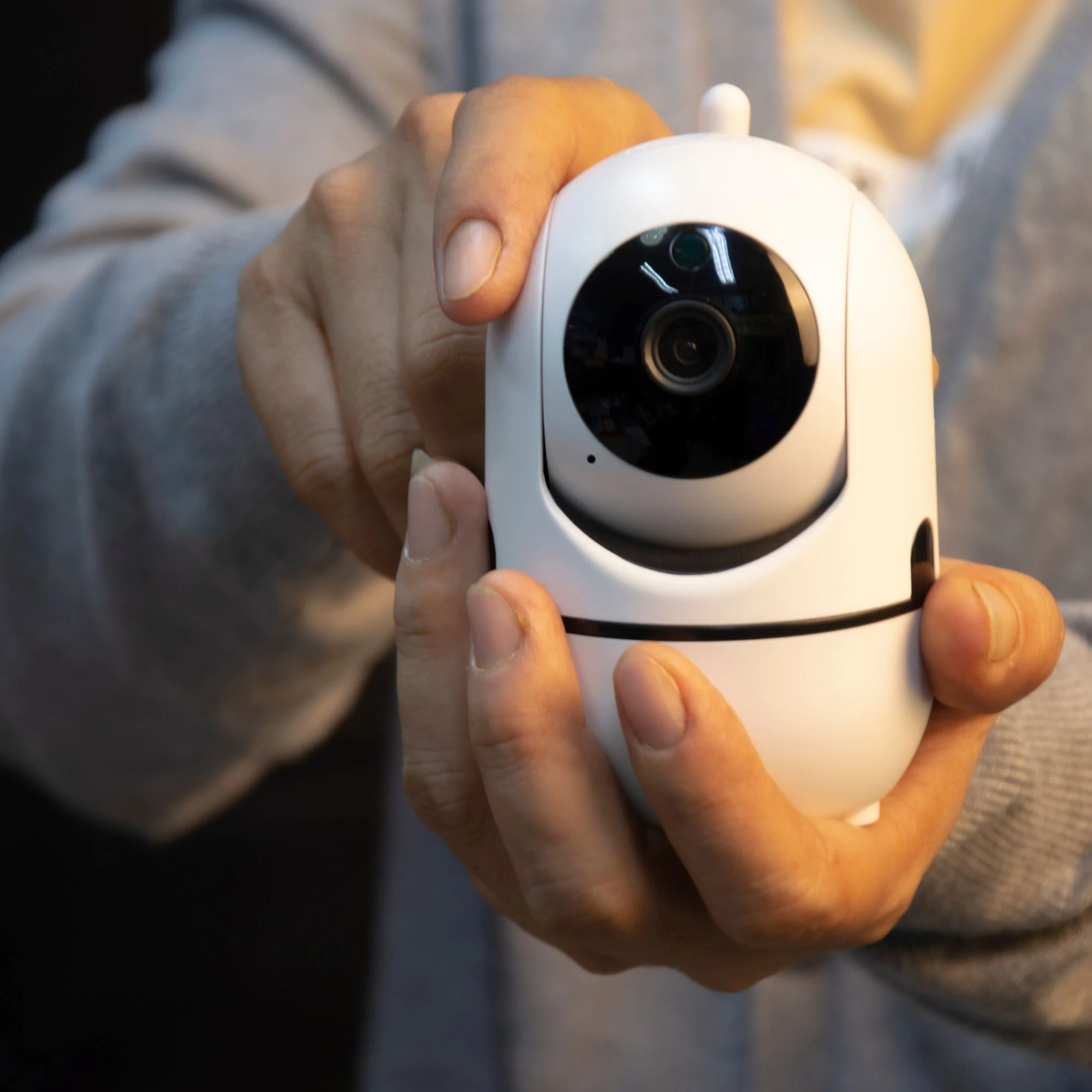 Person holding a small oval security camera